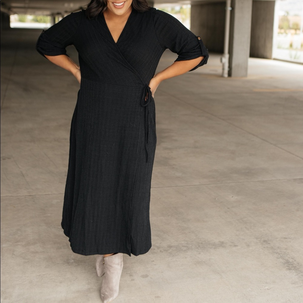 Black Ribbed Knit Midi Wrap Dress - Picture 8 of 16